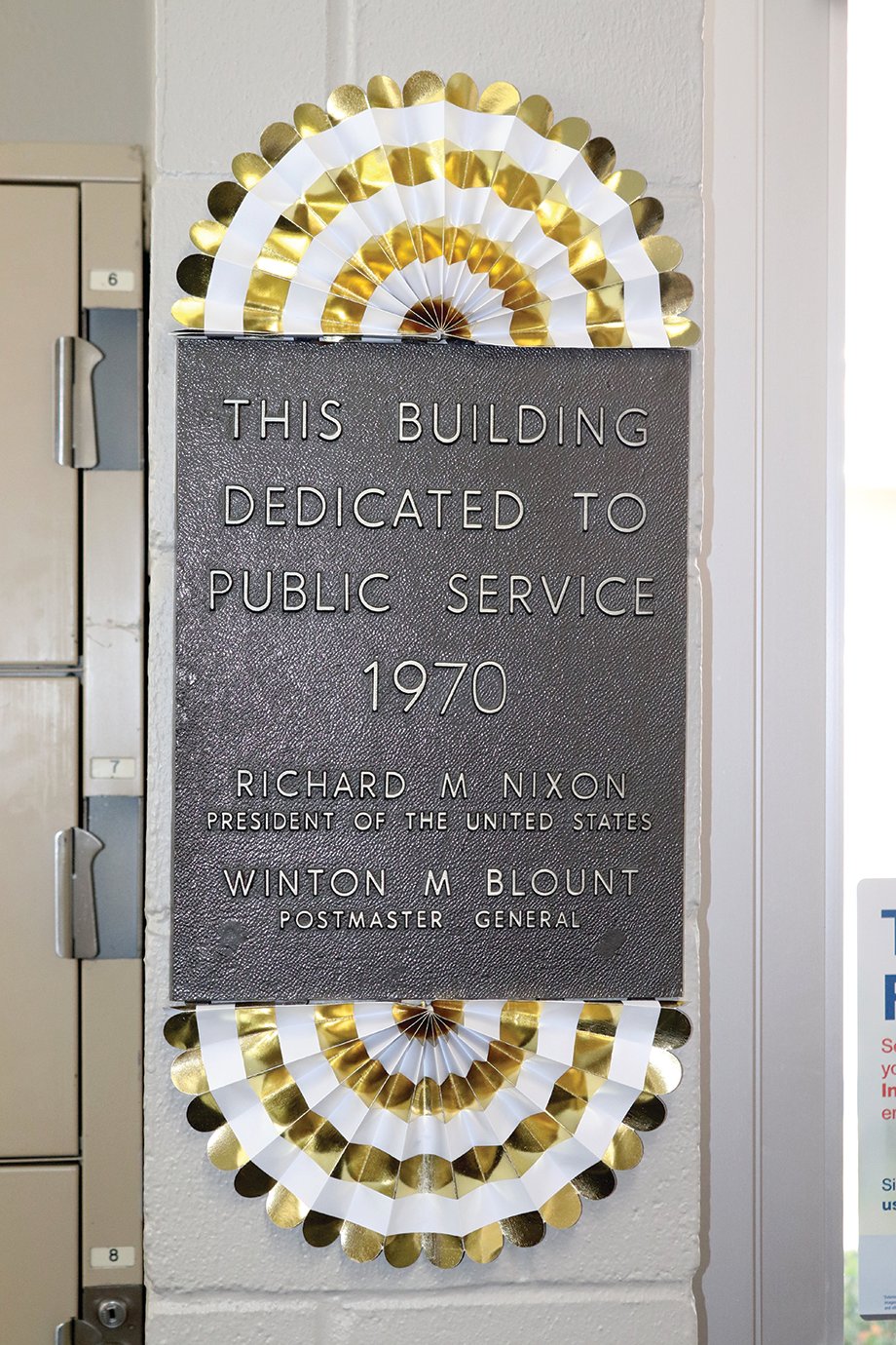A 1970 plaque dedicating the Wingate Post Office to the community still hangs in its original location. The town's first post office was erected in 1833 as "Pleasant Hill" and remained so until 1882 when it was changed to Wingate; the name was briefly changed to "Whitlock" from 1884-1889 when it was switched back to Wingate.